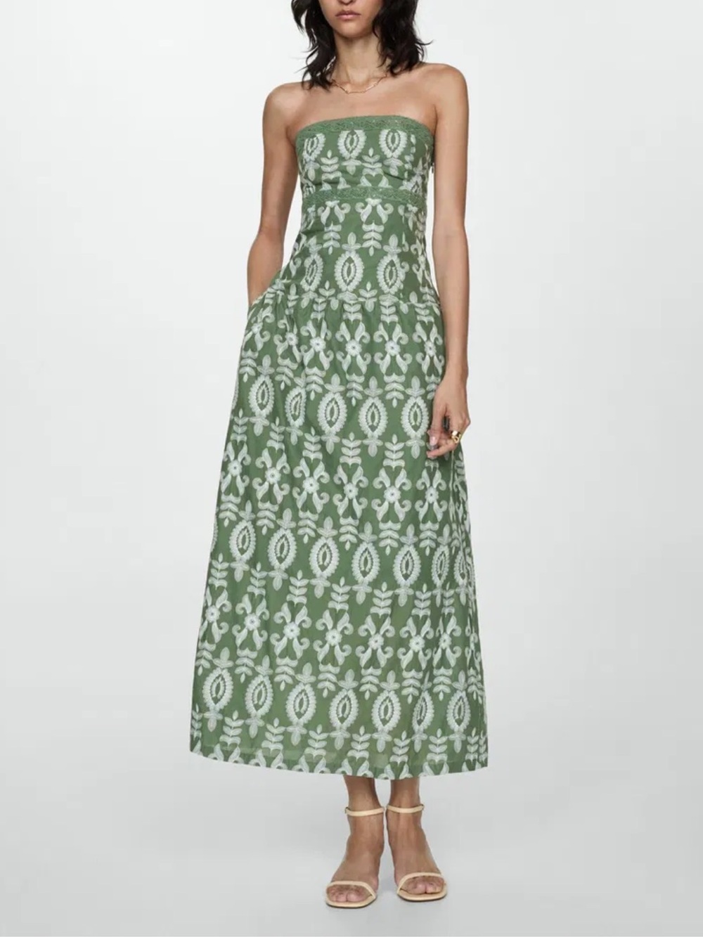 MANGO WOMENS GREEN EMBROIDERED STRAPLESS DROP WAIST MIDI DRESS 4